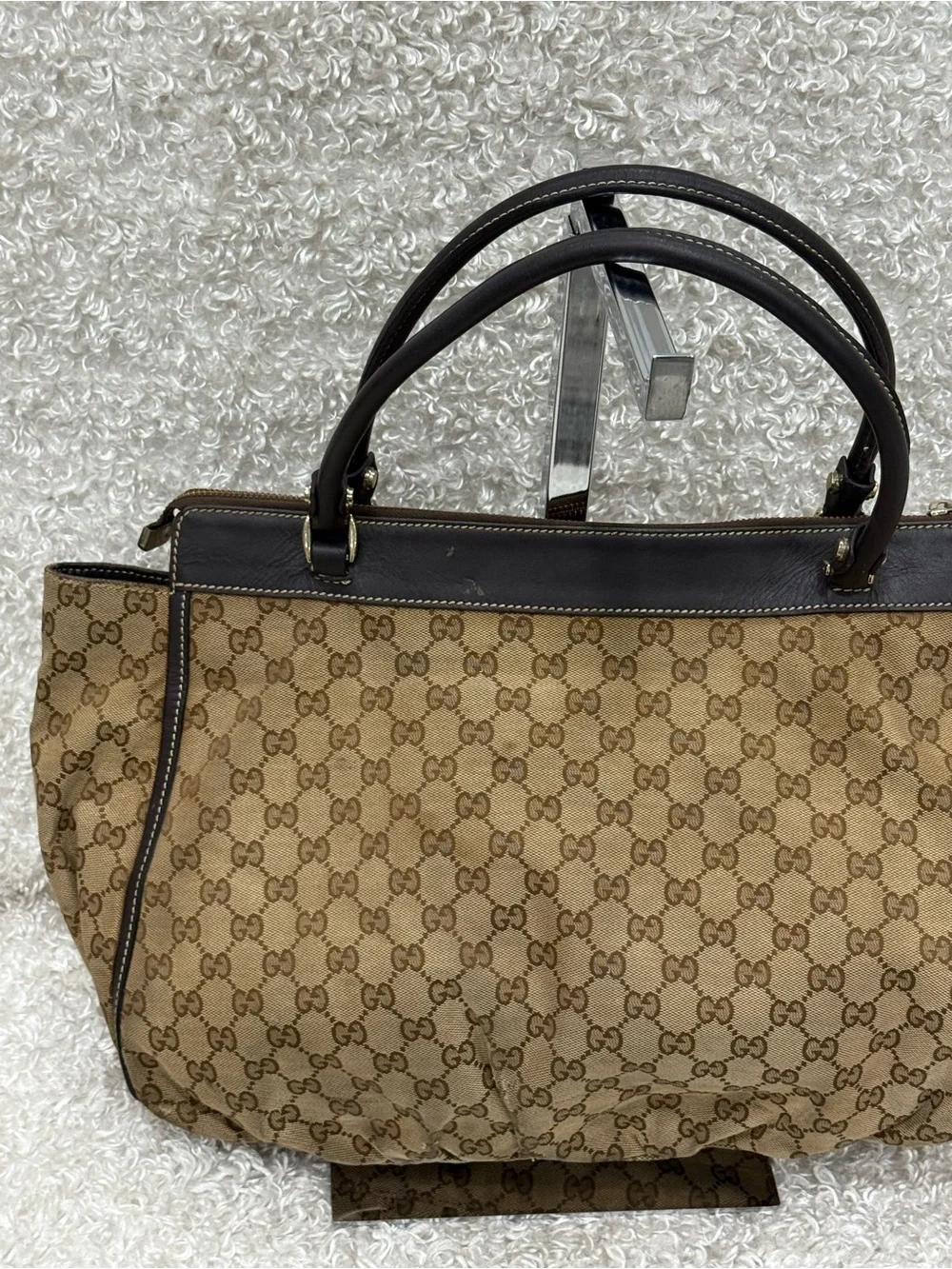 Gucci Abbey Canvas Tote with Brown Leather Trim